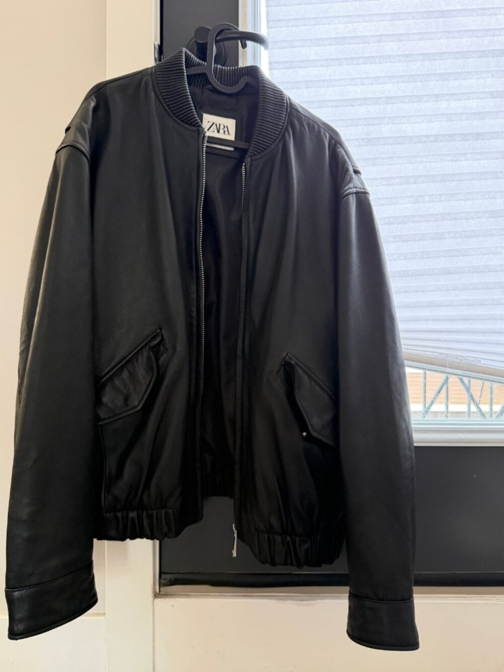 Zara Black Faux Leather Bomber Jacket - Size L